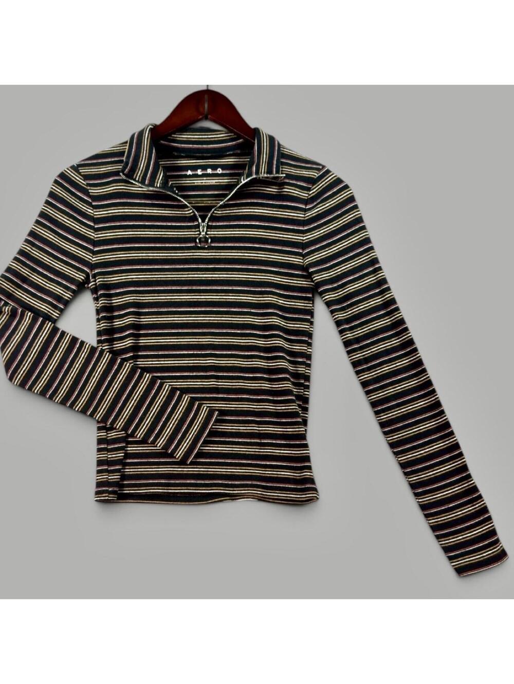 Aeropostale Striped Half Zip Long Sleeve Top